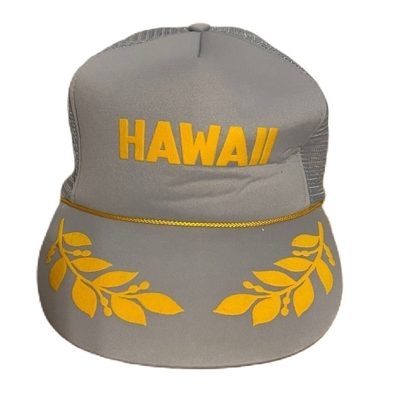Vintage Hawaii Gray Rope Mesh SnapBack Trucker Puffy Hat Gold Leaf Lapel - Picture 1 of 13